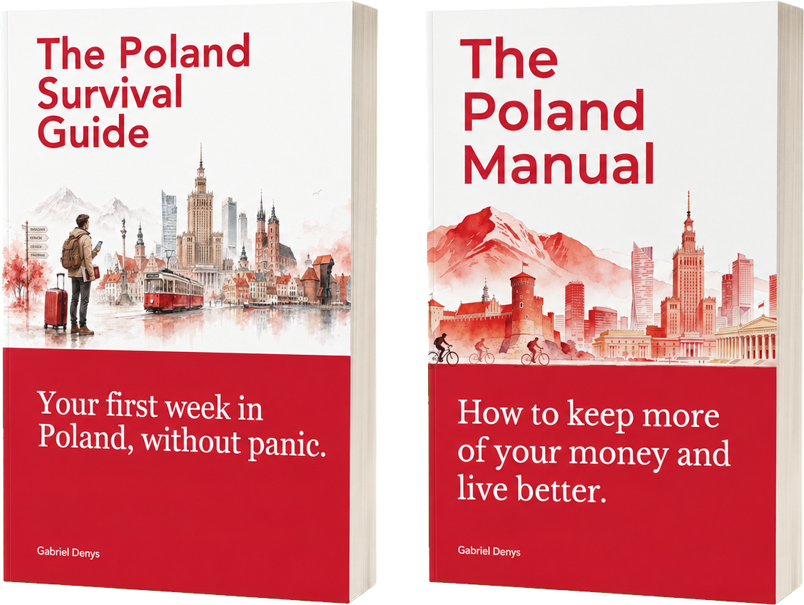Realistic 3D render of The Poland Manual and The Poland Survival Guide books