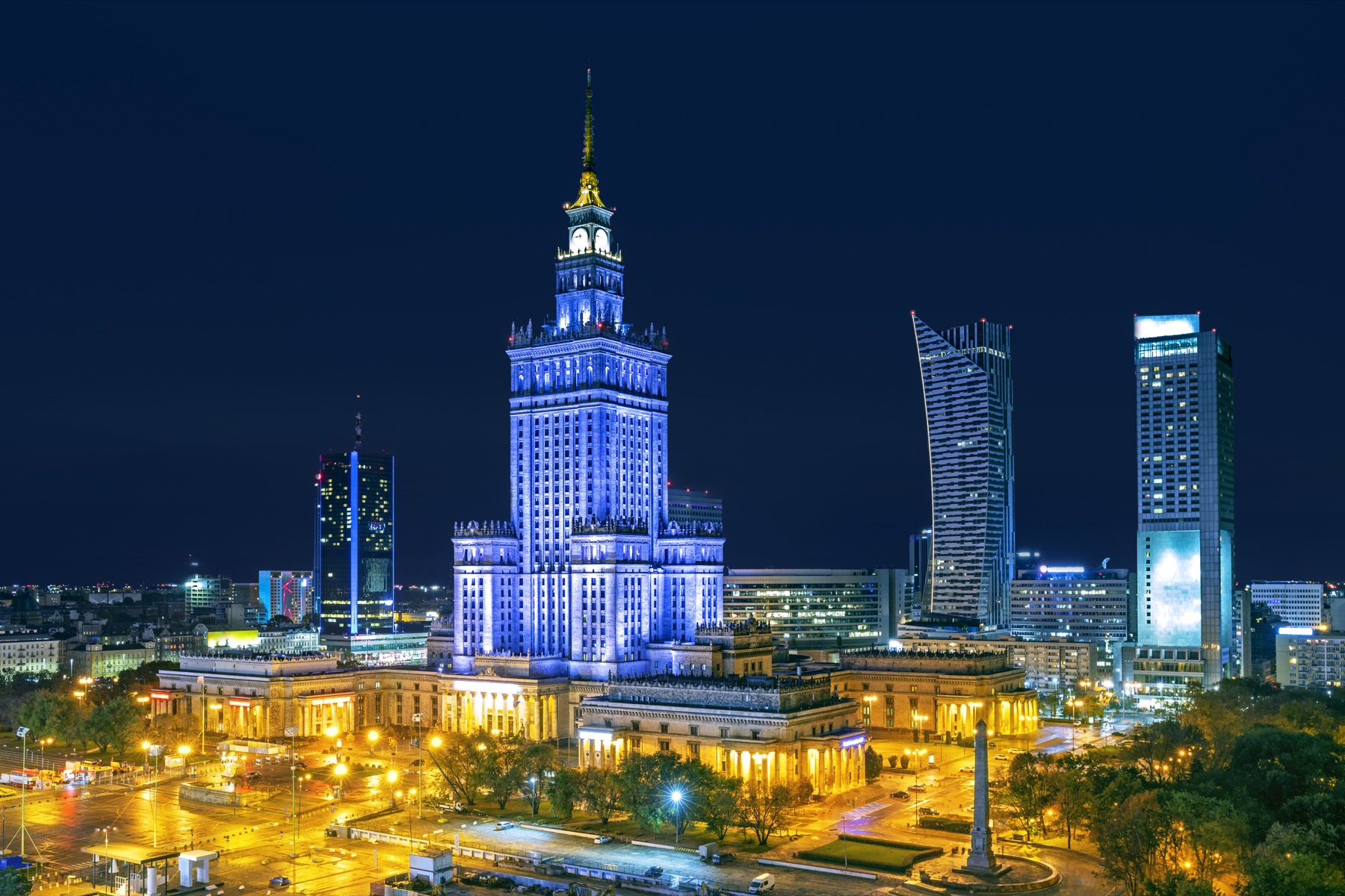 Warsaw skyline at night with the Palace of Culture and Science